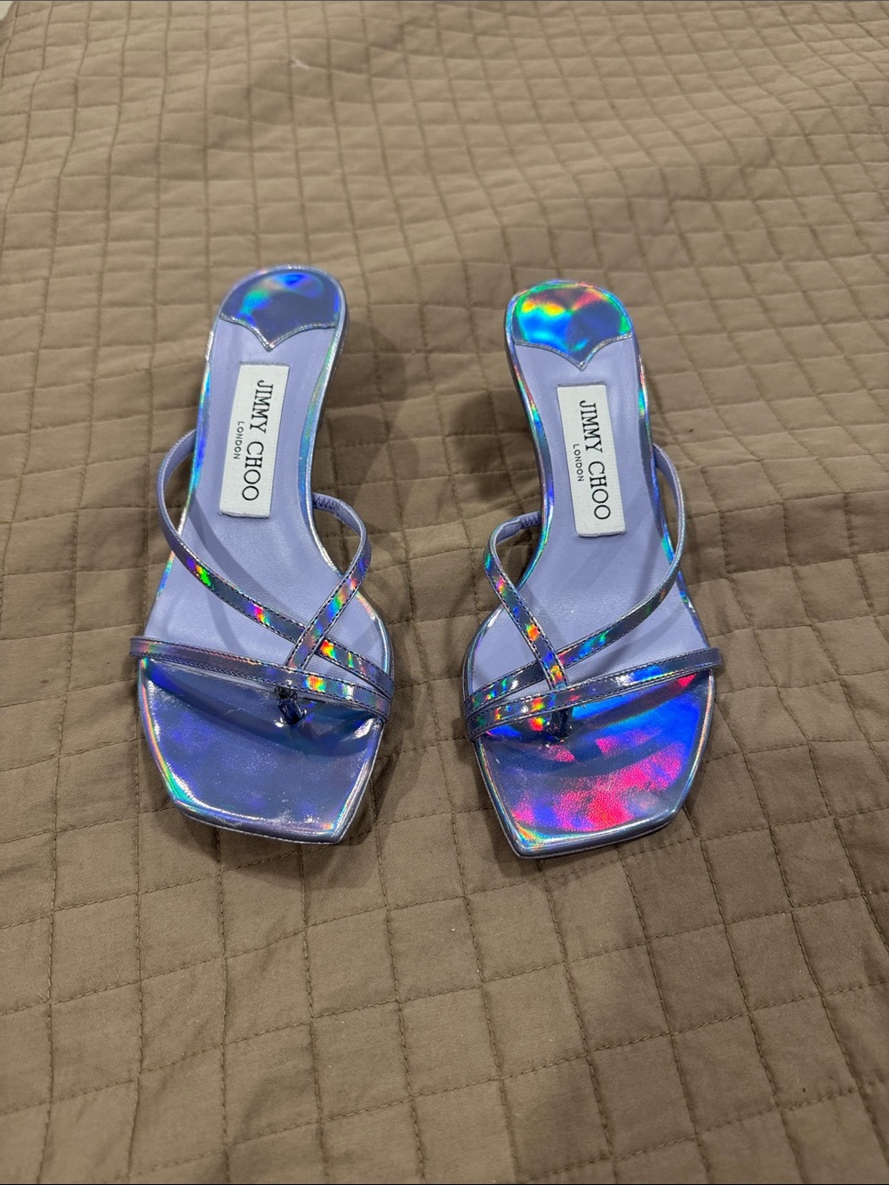 Jimmy Choo Iridescent Holographic Lilac Strappy Heels never been worn!